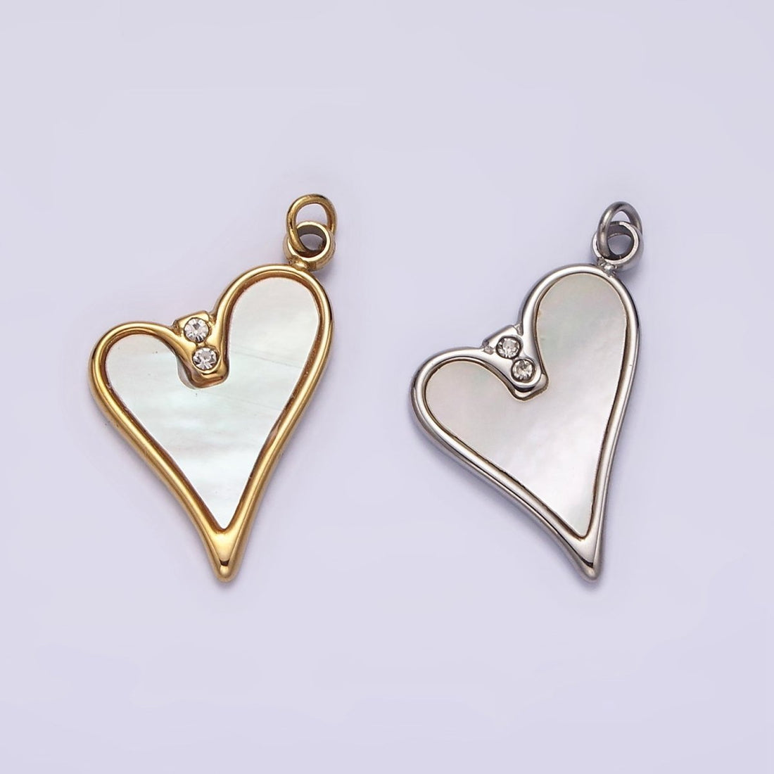 Stainless Steel Double Clear CZ Shell Pearl Heart Charm in Gold &amp; Silver | P1296