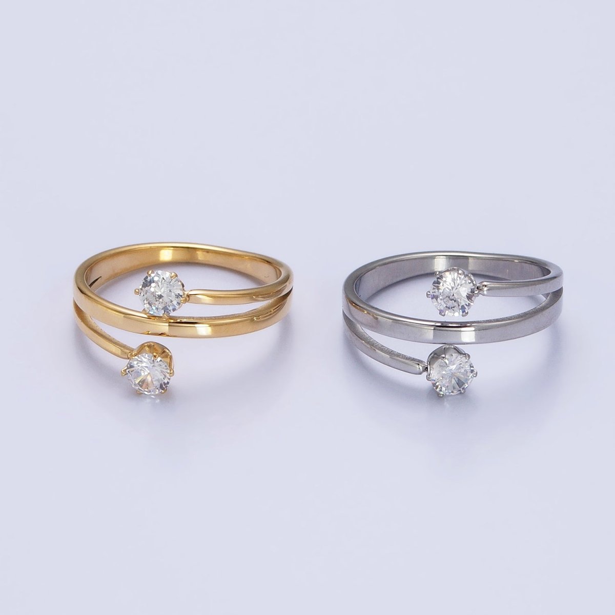 Stainless Steel Double Clear Round CZ Claw Band Ring in Gold &amp; Silver | O-1641~O-1648