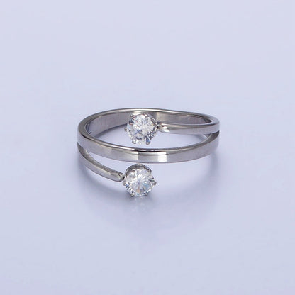 Stainless Steel Double Clear Round CZ Claw Band Ring in Gold &amp; Silver | O-1641~O-1648