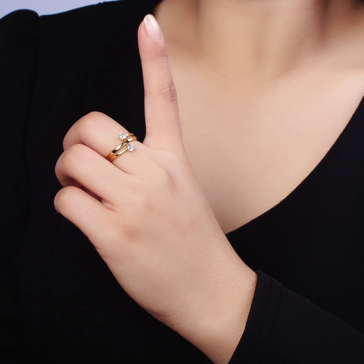 Stainless Steel Double Clear Round CZ Claw Band Ring in Gold &amp; Silver | O-1641~O-1648