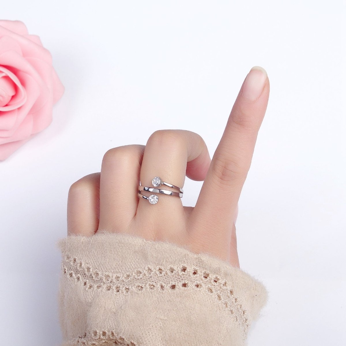 Stainless Steel Double Clear Round CZ Claw Band Ring in Gold &amp; Silver | O-1641~O-1648