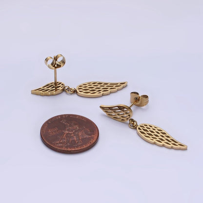 Stainless Steel Double Open Feather Wings Drop Stud Earrings Set | AE719
