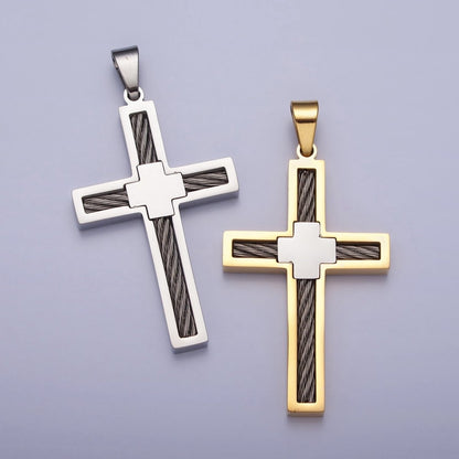 Stainless Steel Double Sided Cross Rope Textured Religious Pendant in Gold &amp; Silver | P-1093 P-1094