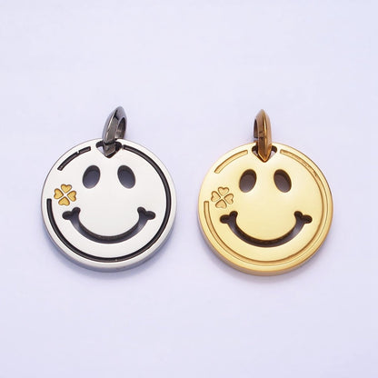 Stainless Steel Double Sided Smiley Face Clover Charm in Gold &amp; Silver | P-1120