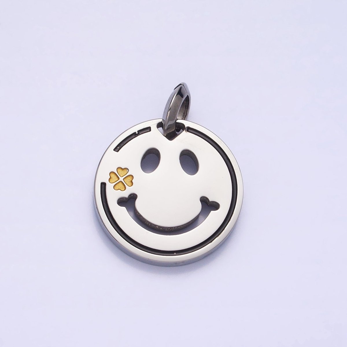 Stainless Steel Double Sided Smiley Face Clover Charm in Gold &amp; Silver | P-1120