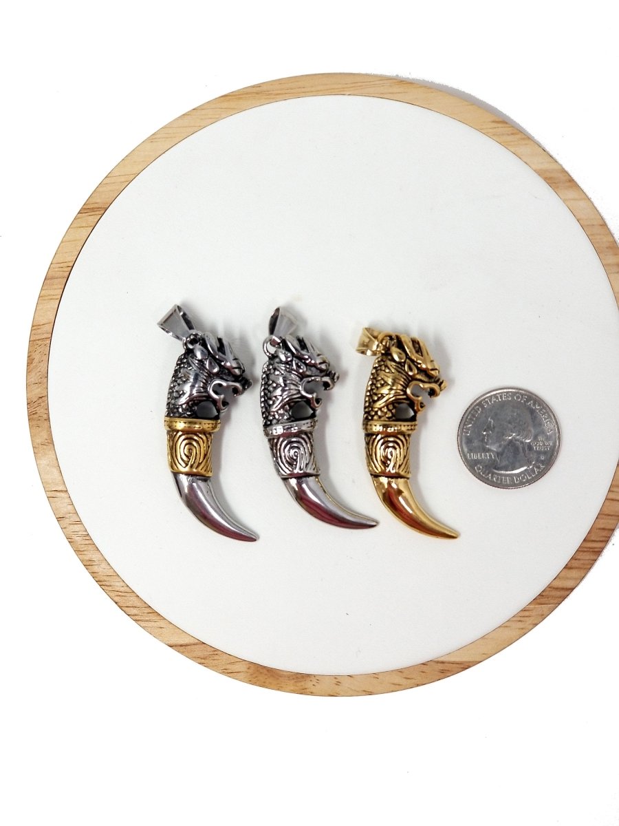 Stainless Steel Dragon Claw Pendant, Dragon Tooth Charm Tusk Pendant Guy necklace, horn pendant, dragon pendant, Silver dragon Pendant J-537
