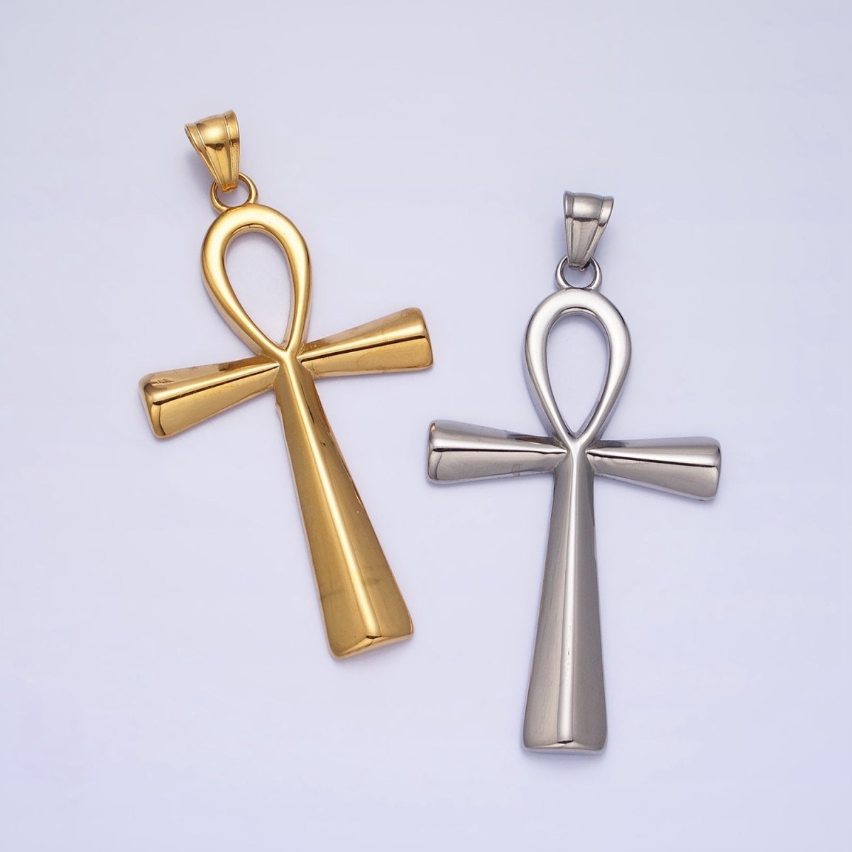 Stainless Steel Edged Egyptian Ankh Cross Statement Pendant in Gold &amp; Silver | P-1085 P-1086