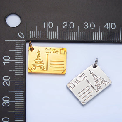 Stainless Steel 18mm Eiffel Tower Paris Engraved Post Card Charm in Gold &amp; Silver | P1229