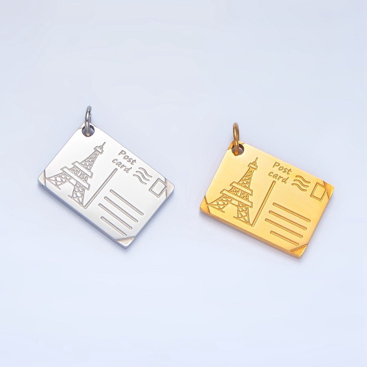 Stainless Steel 18mm Eiffel Tower Paris Engraved Post Card Charm in Gold &amp; Silver | P1229