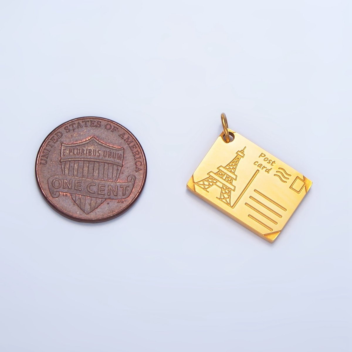 Stainless Steel 18mm Eiffel Tower Paris Engraved Post Card Charm in Gold &amp; Silver | P1229