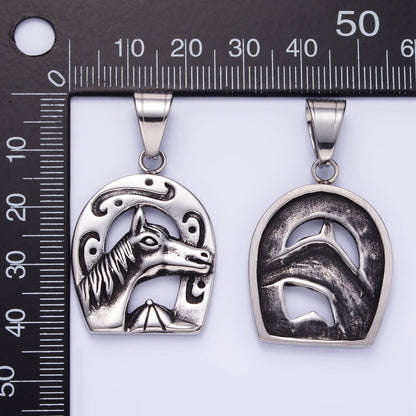 Stainless Steel Engraved Horse Shoe Oxidized Silver Pendant | P1454