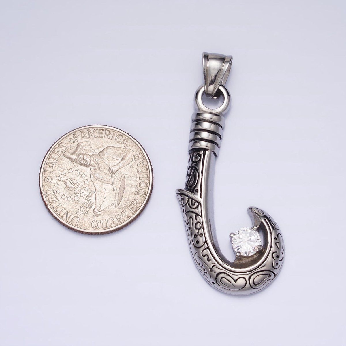 Stainless Steel Engraved J-Hook Round Clear CZ Pendant in Gold &amp; Silver | P1104