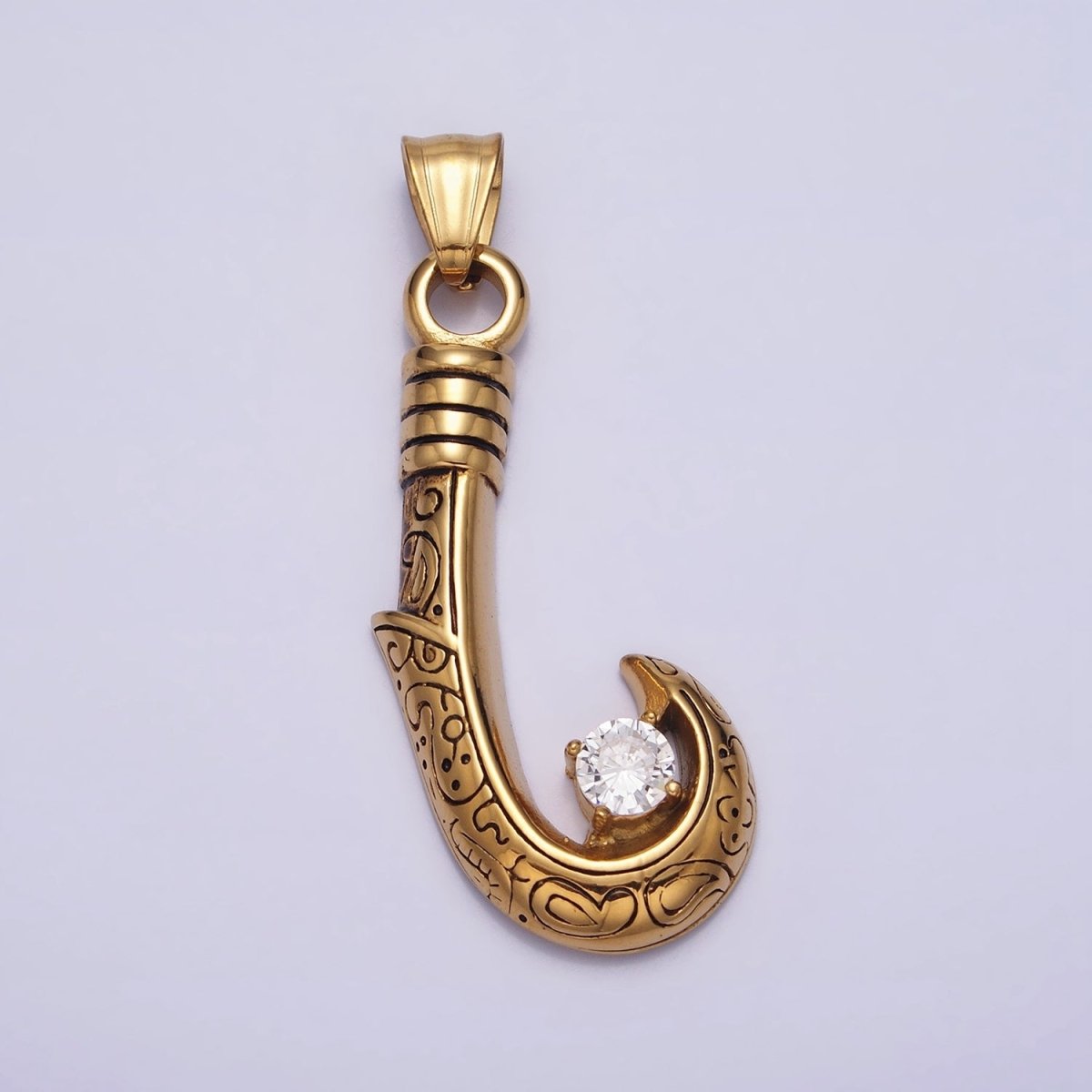 Stainless Steel Engraved J-Hook Round Clear CZ Pendant in Gold &amp; Silver | P1104