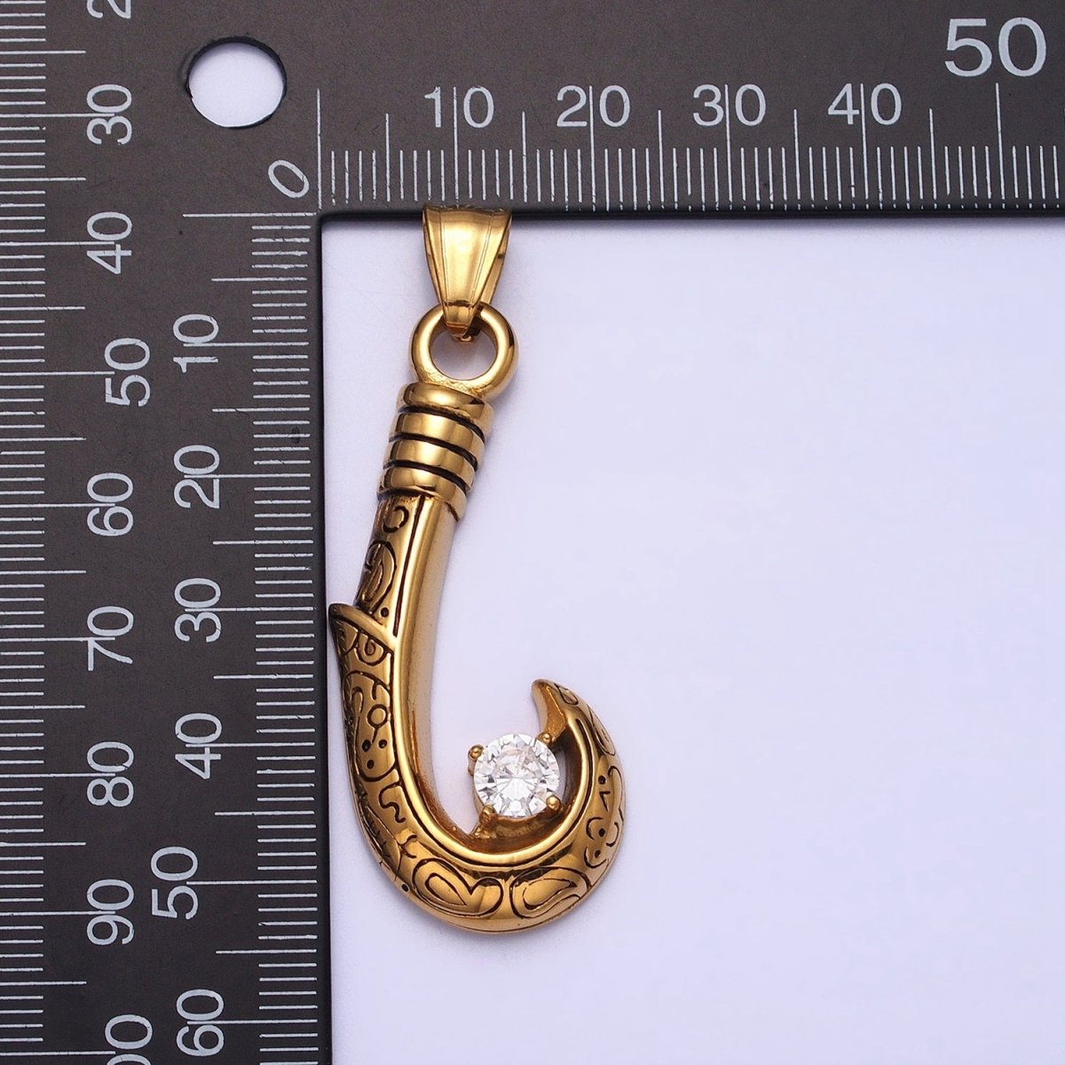 Stainless Steel Engraved J-Hook Round Clear CZ Pendant in Gold &amp; Silver | P1104