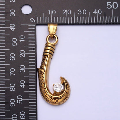 Stainless Steel Engraved J-Hook Round Clear CZ Pendant in Gold &amp; Silver | P1104