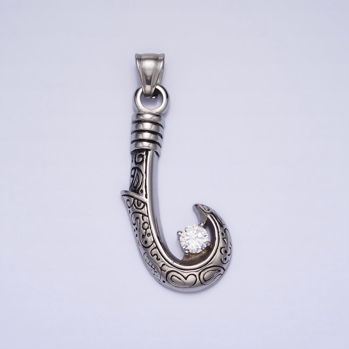 Stainless Steel Engraved J-Hook Round Clear CZ Pendant in Gold &amp; Silver | P1104