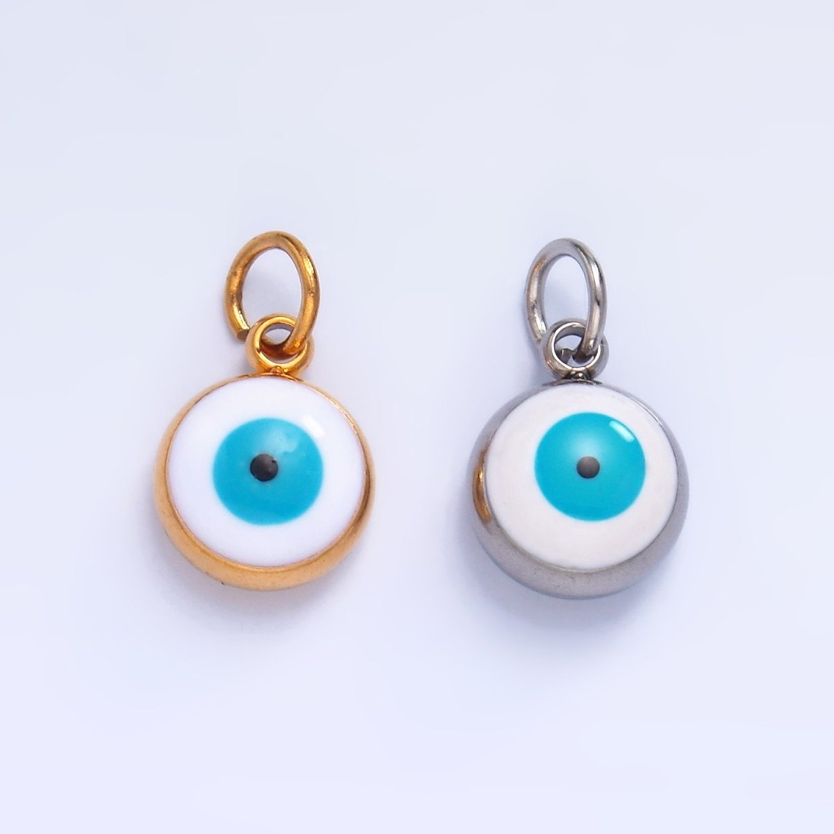 Stainless Steel 8mm Evil Eye Enamel Round Charm in Gold &amp; Silver | P727