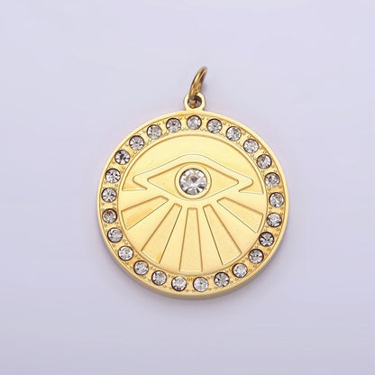 Stainless Steel Evil Eye Ray Clear CZ Lined Round Charm | P-655
