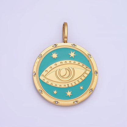 Stainless Steel Evil Eye Teal Celestial Star CZ Dotted Round Medallion Pendant | P1394