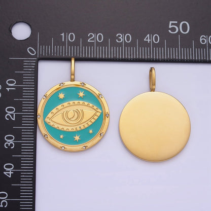 Stainless Steel Evil Eye Teal Celestial Star CZ Dotted Round Medallion Pendant | P1394
