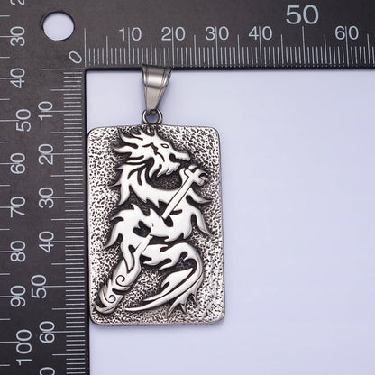 Stainless Steel Flamed Dragon Textured Rectangular Tag Silver, Gold Pendant | P1141