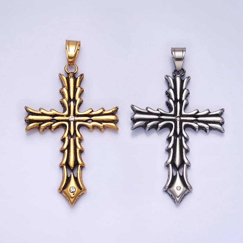 Stainless Steel Fleury Geometric Religious Cross Pendant in Gold &amp; Oxidized Silver | P1131