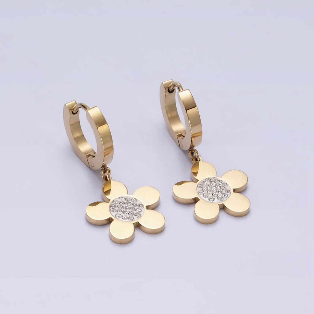 Stainless Steel Flower Clear CZ Micro Paved Drop Huggie Earrings | AE713