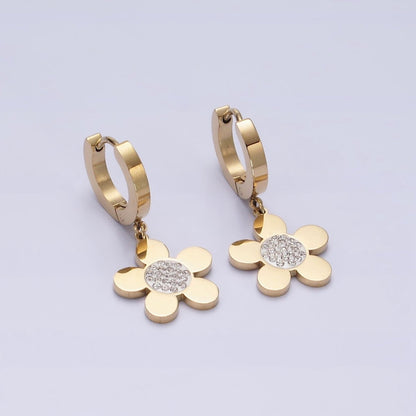 Stainless Steel Flower Clear CZ Micro Paved Drop Huggie Earrings | AE713