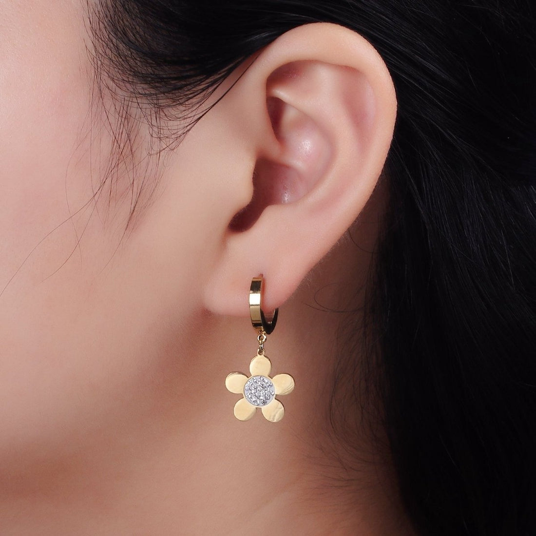 Stainless Steel Flower Clear CZ Micro Paved Drop Huggie Earrings | AE713