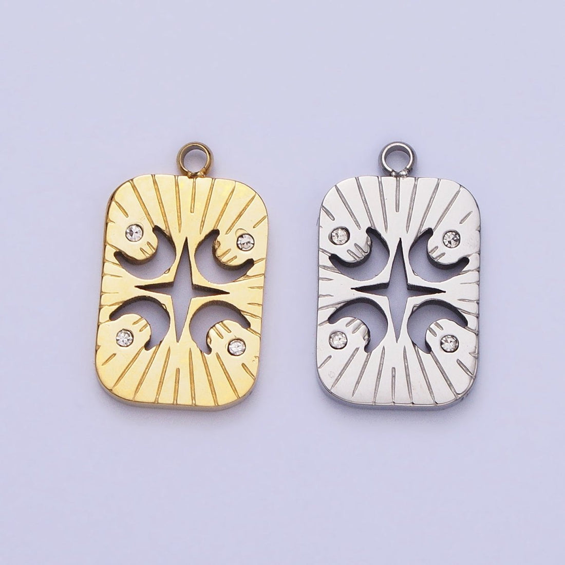 Stainless Steel Four Crescent Moon Star Celestial Lined Charm in Gold &amp; Silver | P-887
