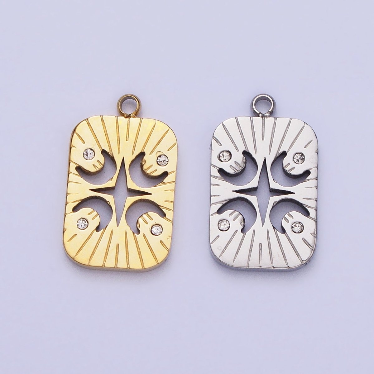 Stainless Steel Four Crescent Moon Star Celestial Lined Charm in Gold &amp; Silver | P-887