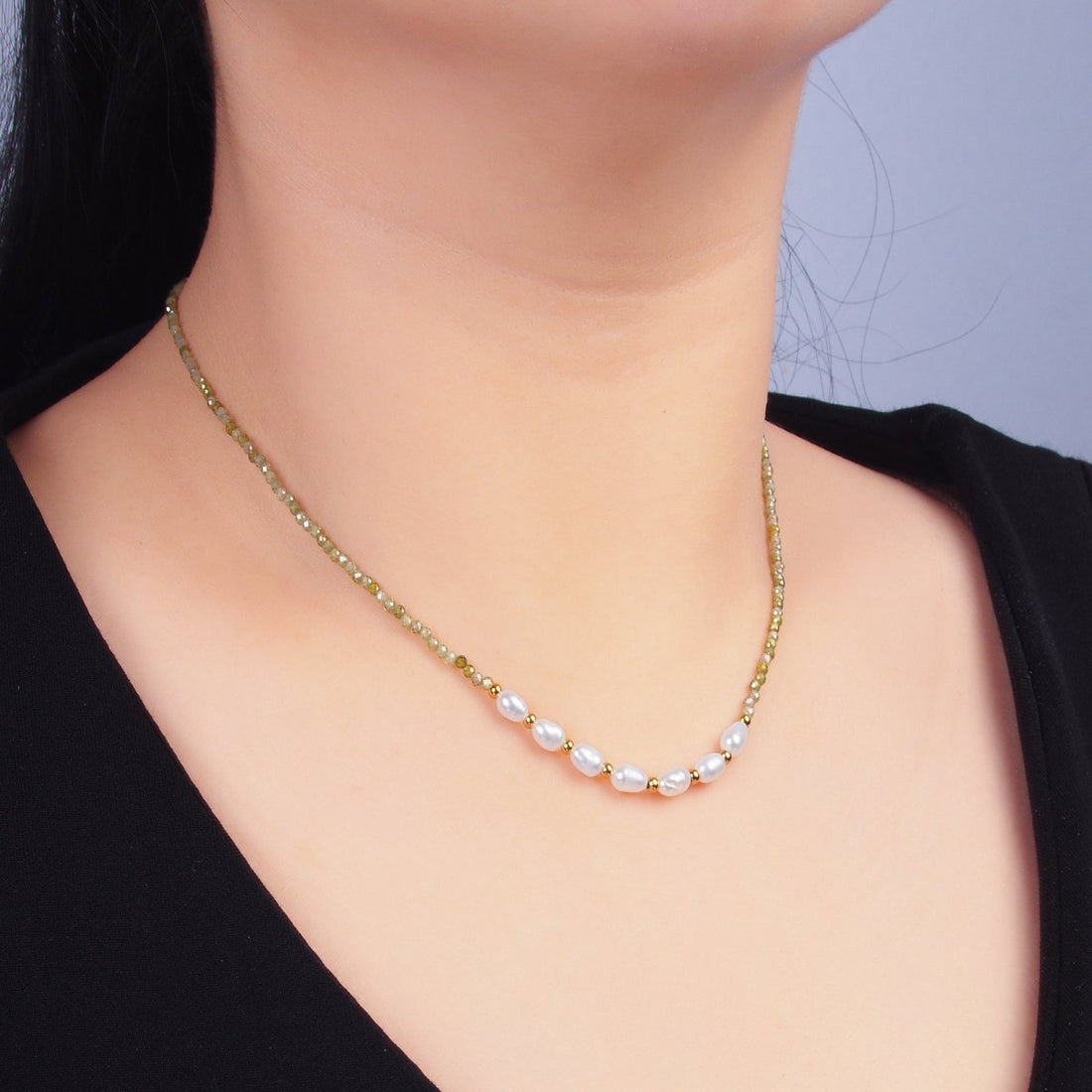 Stainless Steel Freshwater Pearl Green Multifaceted Crystal Gemstone 15 Inch Choker Necklace | WA-3106