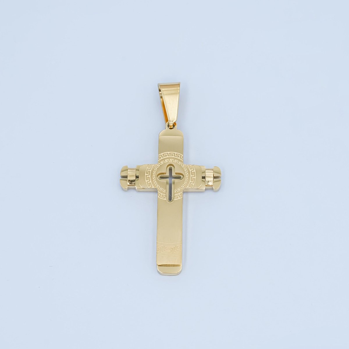 Stainless Steel Geometric Engraved Cross Pendant in Gold &amp; Silver | P838