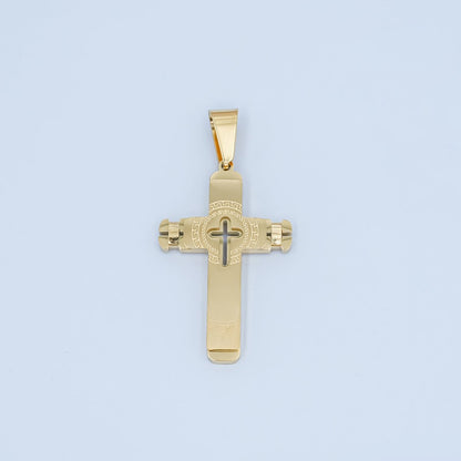 Stainless Steel Geometric Engraved Cross Pendant in Gold &amp; Silver | P838