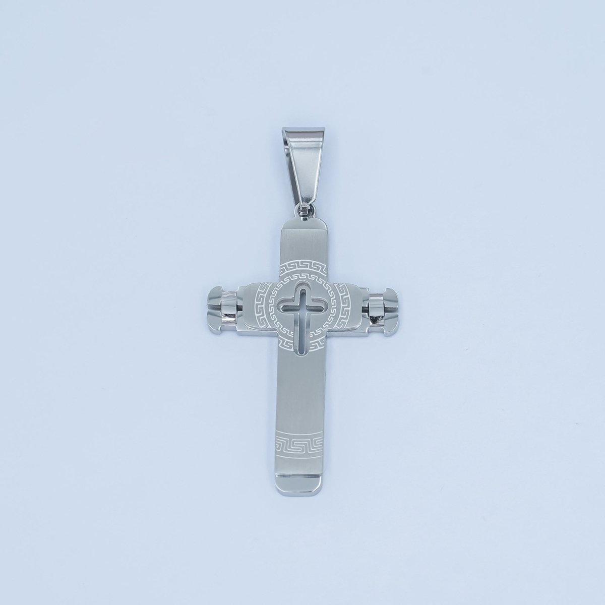 Stainless Steel Geometric Engraved Cross Pendant in Gold &amp; Silver | P838