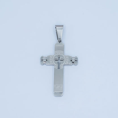 Stainless Steel Geometric Engraved Cross Pendant in Gold &amp; Silver | P838