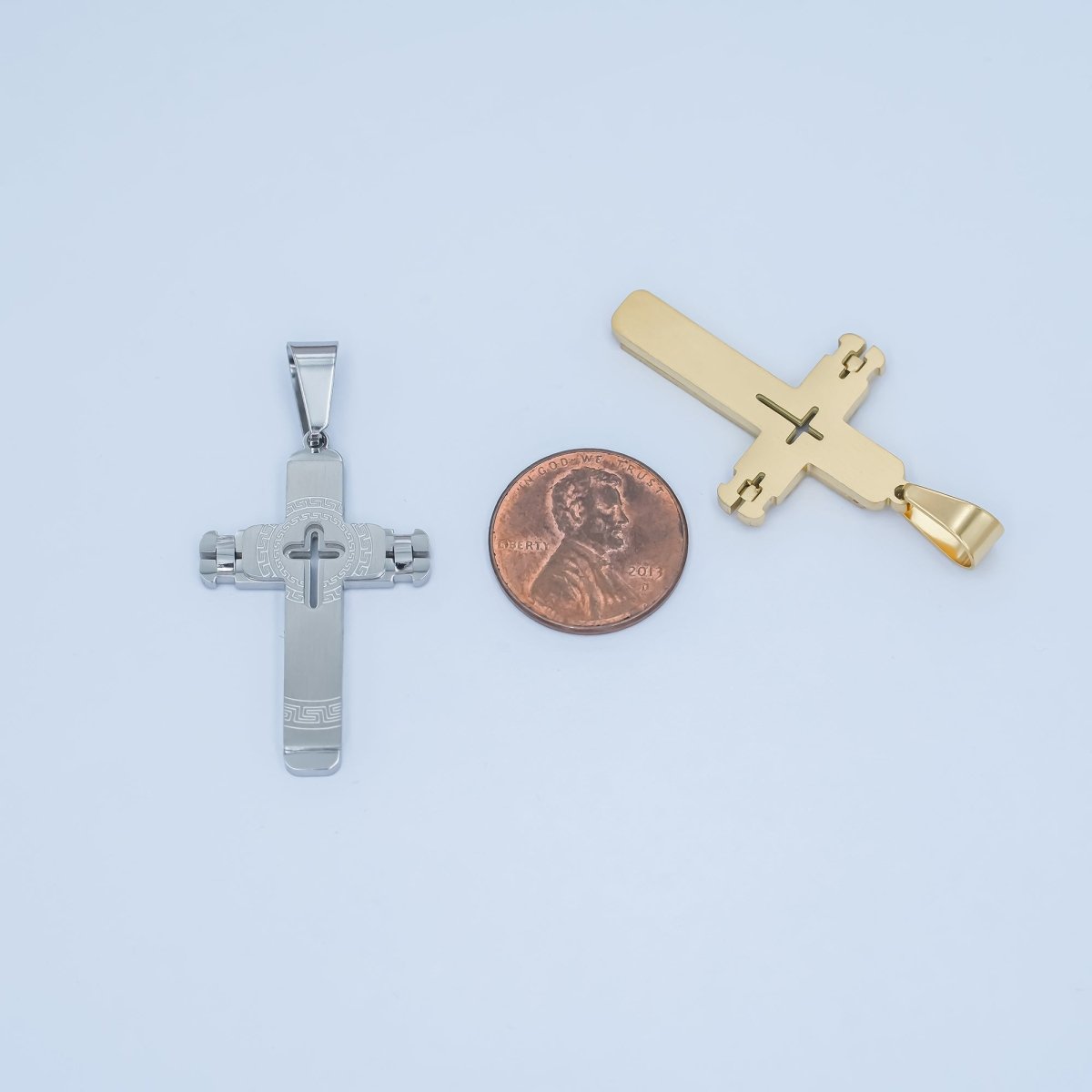 Stainless Steel Geometric Engraved Cross Pendant in Gold &amp; Silver | P838