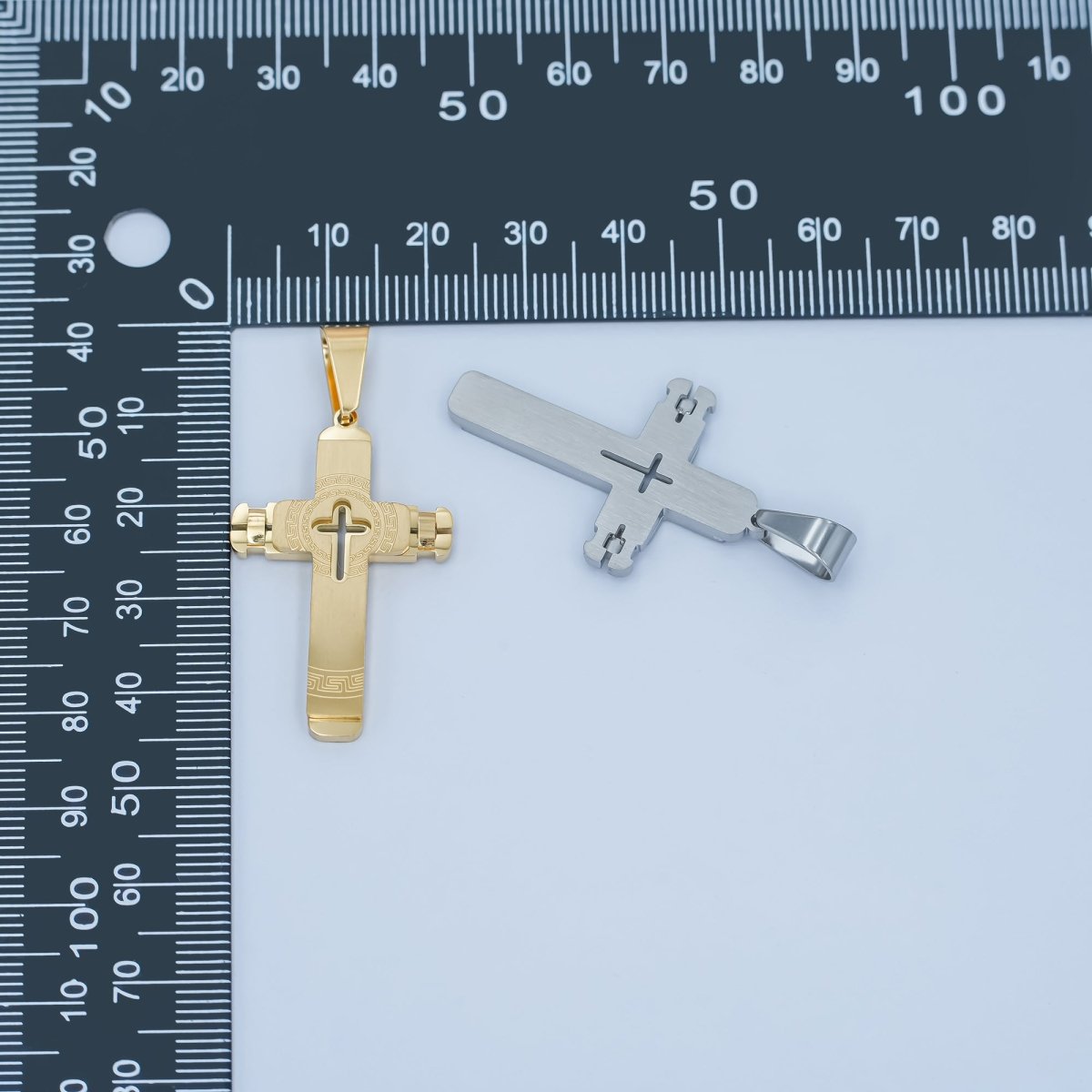 Stainless Steel Geometric Engraved Cross Pendant in Gold &amp; Silver | P838