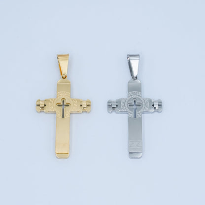 Stainless Steel Geometric Engraved Cross Pendant in Gold &amp; Silver | P838