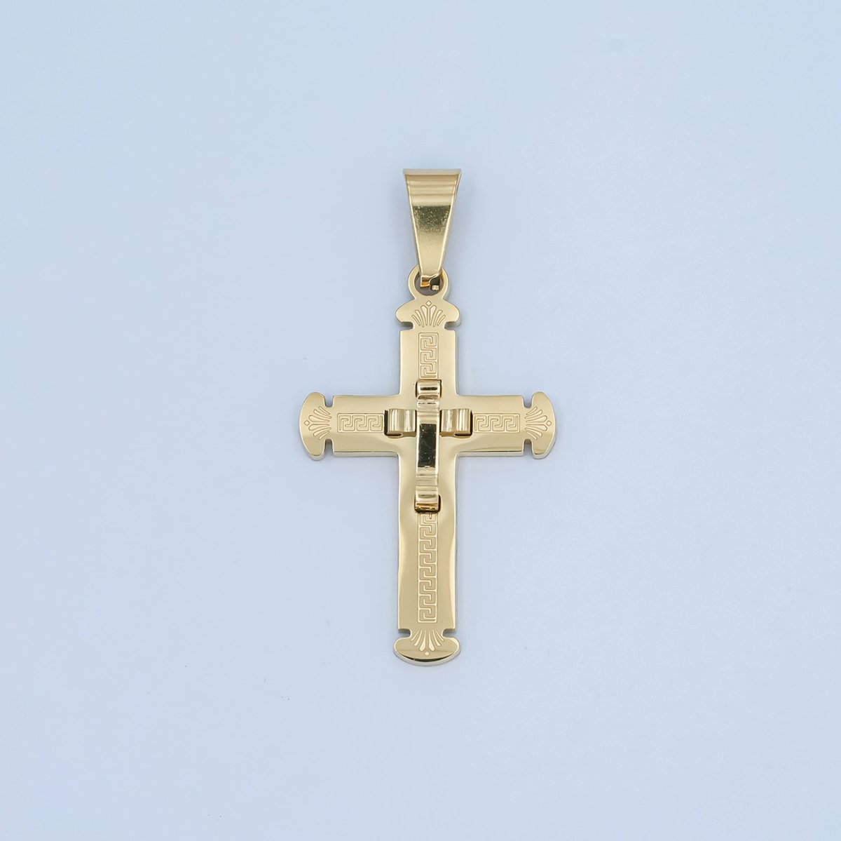 Stainless Steel Geometric Engraved Double Cross Pendant in Gold &amp; Silver | P626
