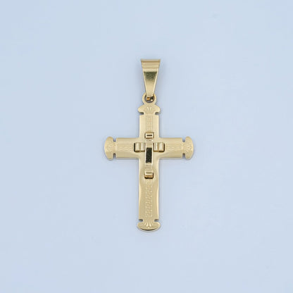 Stainless Steel Geometric Engraved Double Cross Pendant in Gold &amp; Silver | P626