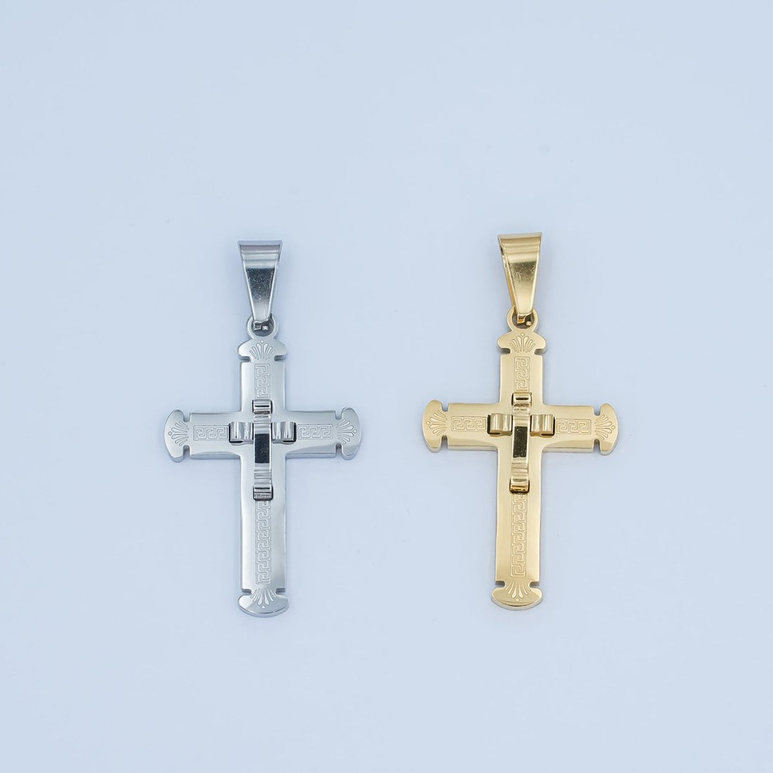 Stainless Steel Geometric Engraved Double Cross Pendant in Gold &amp; Silver | P626