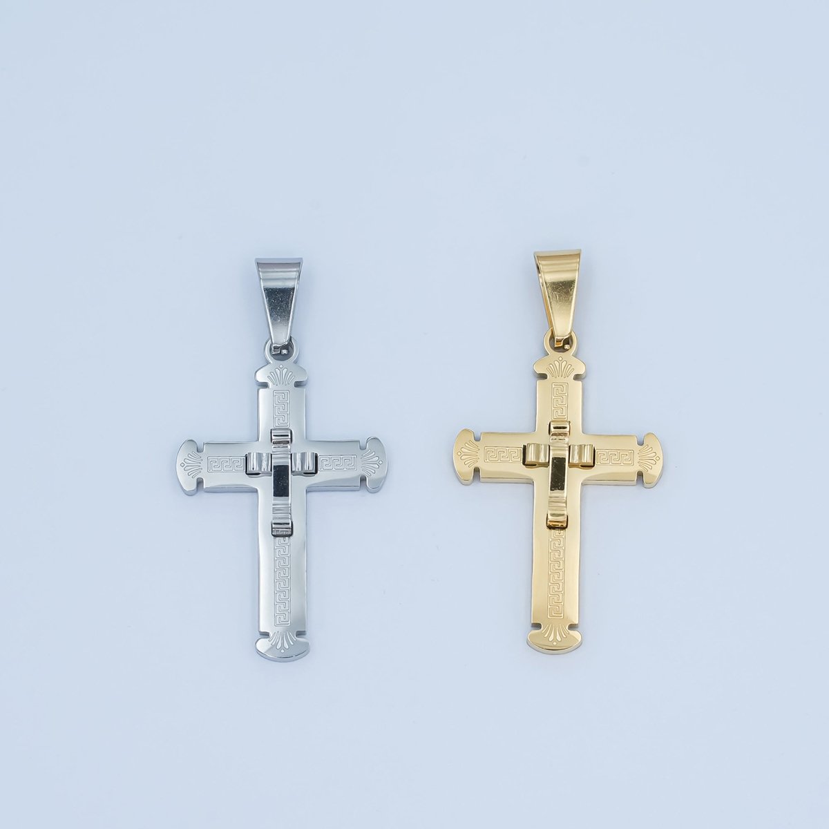 Stainless Steel Geometric Engraved Double Cross Pendant in Gold &amp; Silver | P626