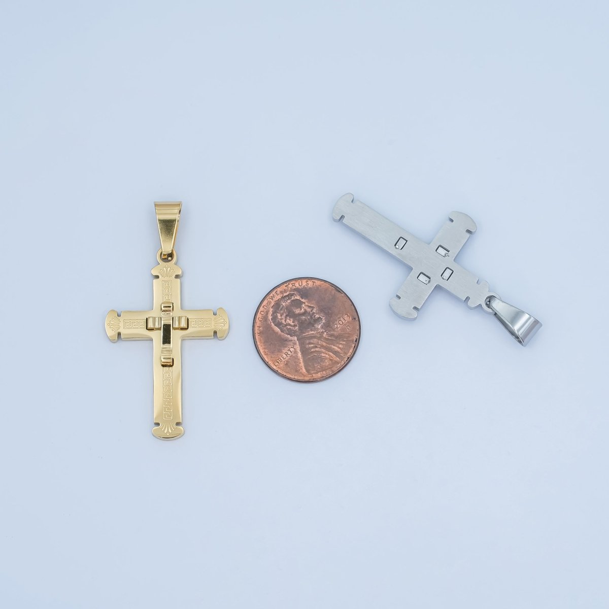 Stainless Steel Geometric Engraved Double Cross Pendant in Gold &amp; Silver | P626