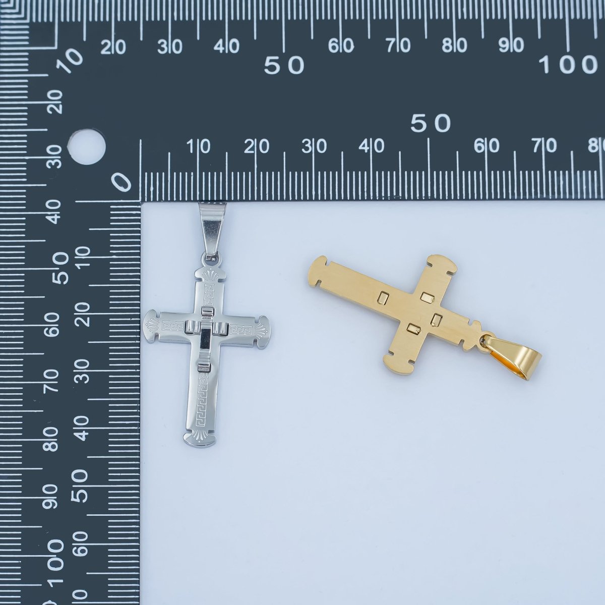 Stainless Steel Geometric Engraved Double Cross Pendant in Gold &amp; Silver | P626
