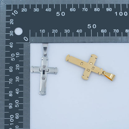 Stainless Steel Geometric Engraved Double Cross Pendant in Gold &amp; Silver | P626
