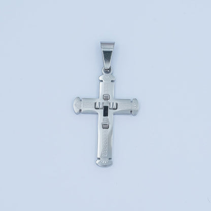 Stainless Steel Geometric Engraved Double Cross Pendant in Gold &amp; Silver | P626