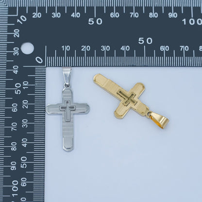 Stainless Steel Geometric Lined Cross Pendant in Gold &amp; Silver | P1048