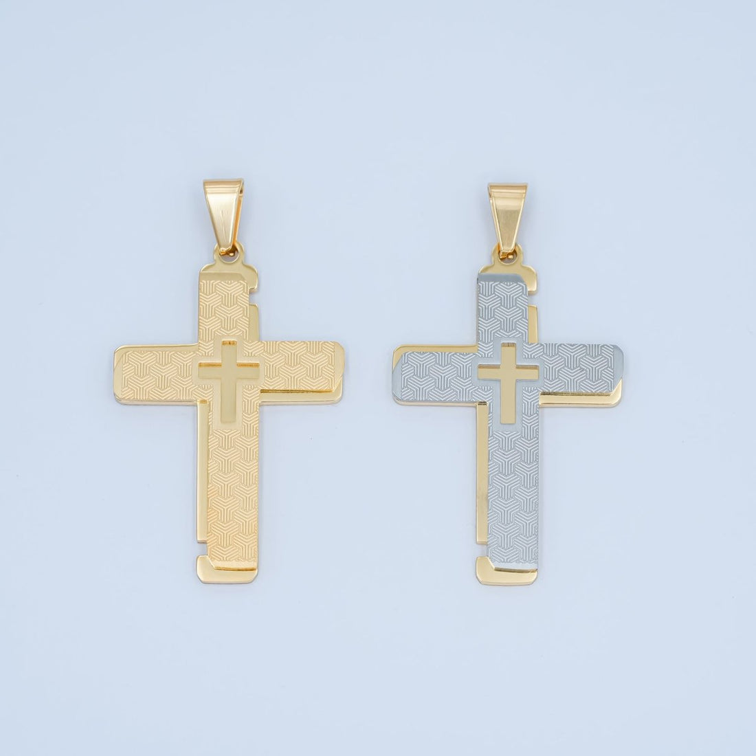 Stainless Steel Geometric Lined Double Cross Pendant in Gold &amp; Mixed Metal | P1049
