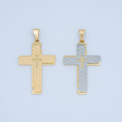 Stainless Steel Geometric Lined Double Cross Pendant in Gold &amp; Mixed Metal | P1049